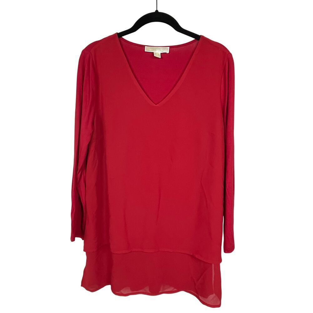 Michael Michael Kors V-neck Tunic Top‎ Red Mixed Media 3/4 Sleeve Size S